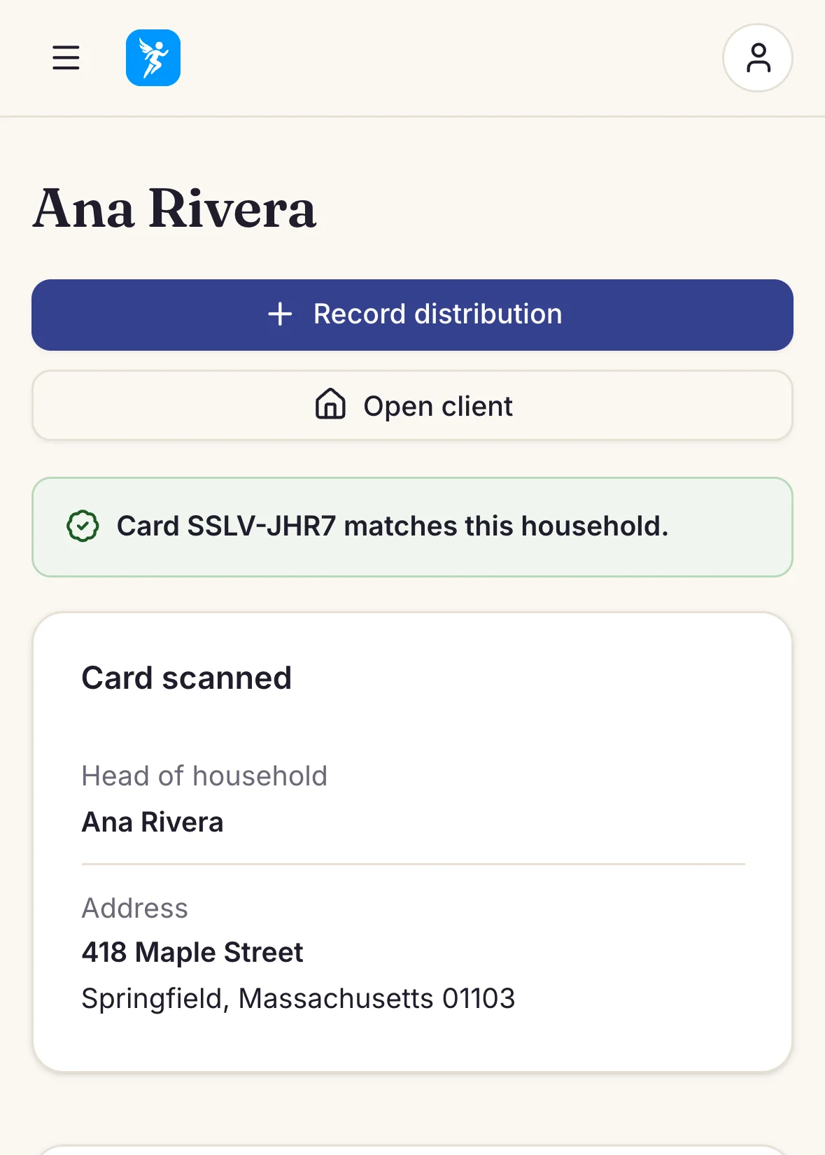 Boswell's Card scanned page on a phone: Ana Rivera, with Record distribution and Open client buttons, and "Card SSLV-JHR7 matches this household"