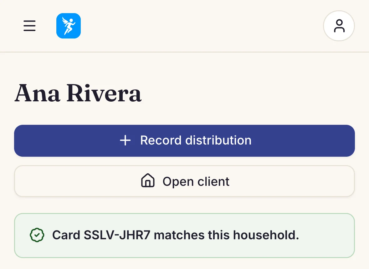Boswell's Card scanned page on a phone: Ana Rivera, with Record distribution and Open client buttons, and "Card SSLV-JHR7 matches this household"
