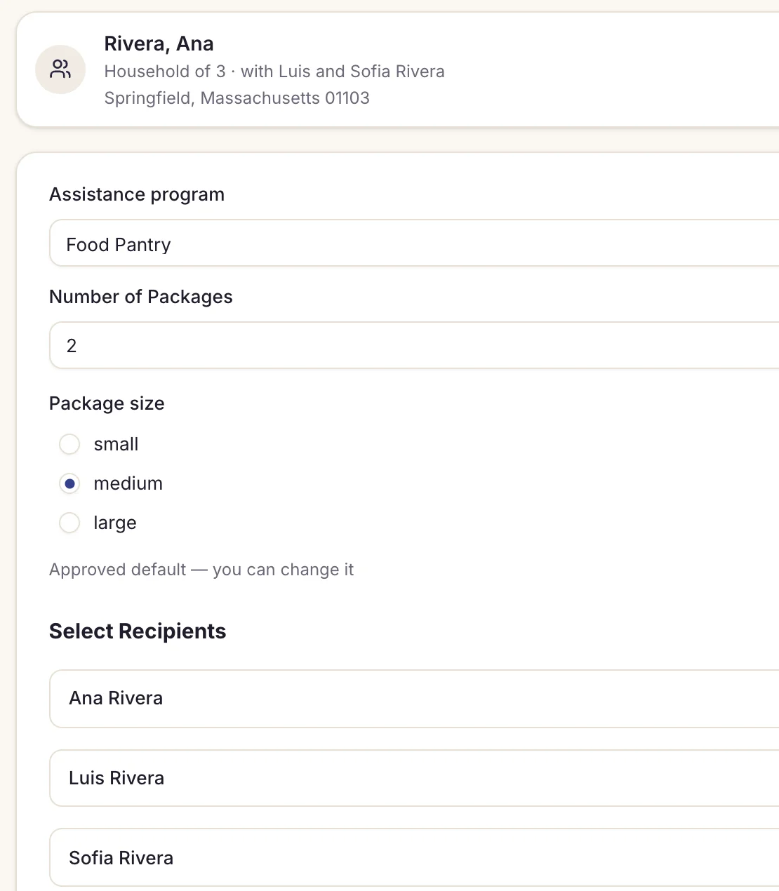 Boswell's New Distribution form for Ana Rivera, household of 3: Food Pantry picked, 2 packages, medium, marked "Approved default — you can change it", and all 3 members checked as recipients
