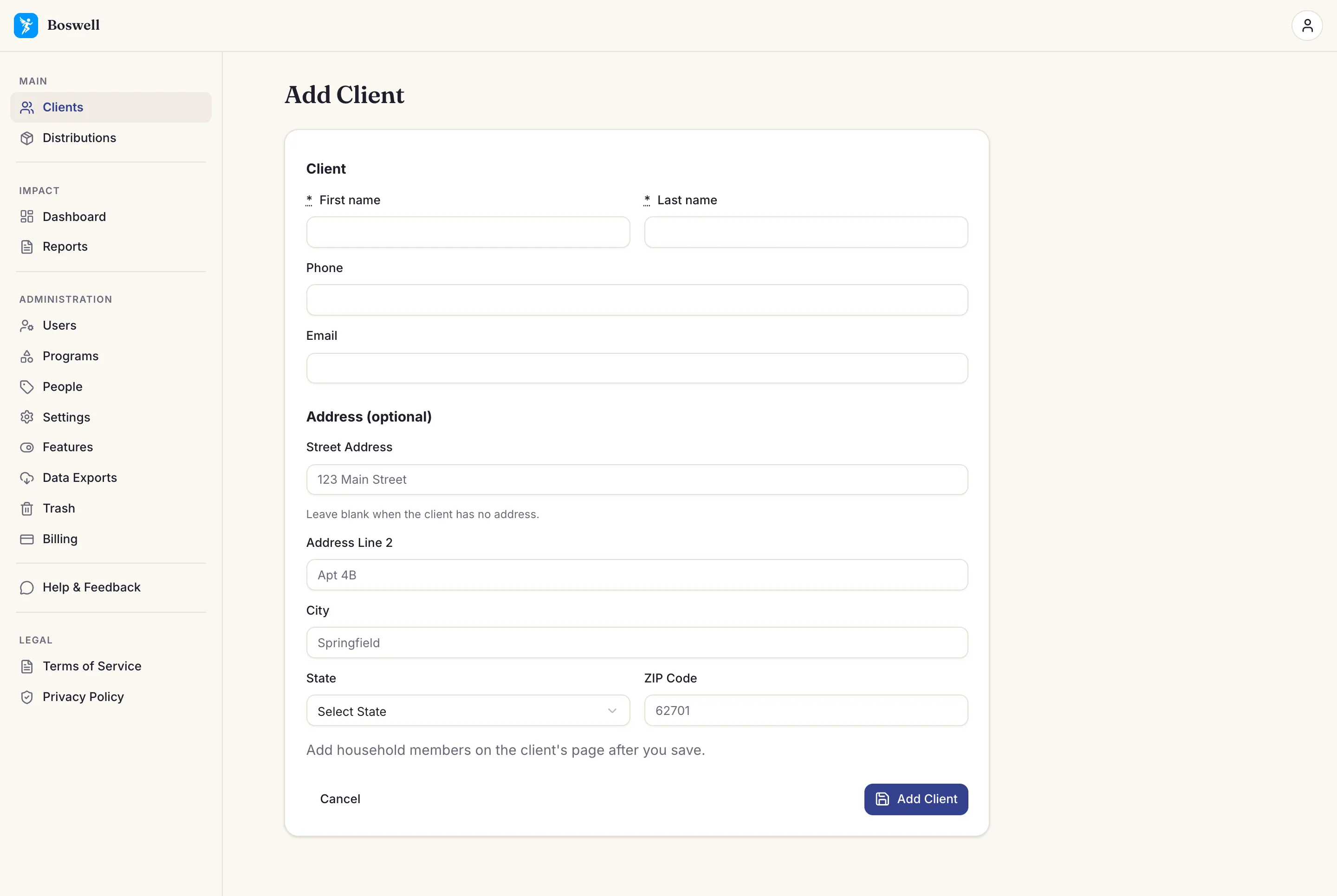 Boswell's Add Client form: first and last name, optional phone and email, and an optional address